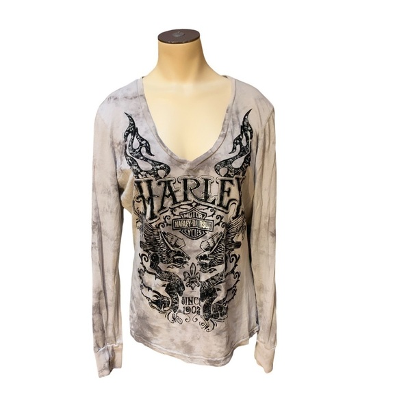 Harley-Davidson Tops - HARLEY Davidson Gray Tie Dye Velvet Long Sleeve V-Neck T-Shirt Women’s Size M